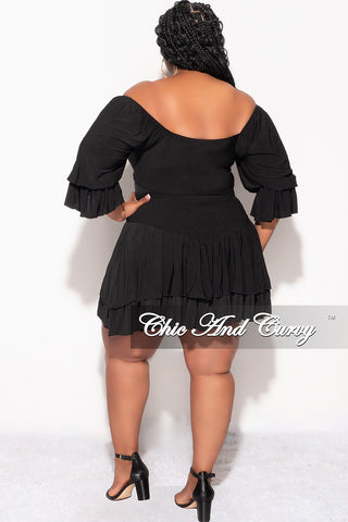 Final Sale Plus Size 2pc Set Off the Shoulder Crop Tie Top and Ruffle Layered Hem Mini Skirt in Black