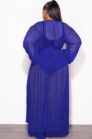 Final Sale Plus Size 2pc Sheer Duster and Pants Set in Royal Blue