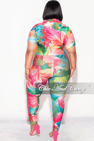 Final Sale Plus Size 2pc Button Up Collar Top and Pants Set in Pink and Green Tropical Print