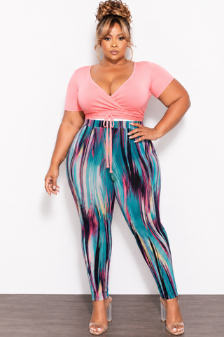 Final Sale Plus Size 2pc Long Sleeve Crop Tie Top and Mesh Pants in Neon Pink Multi Color