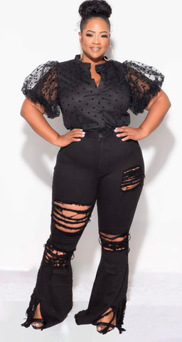 Final Sale Plus Size Distressed Wide Leg Denim Jeans in Black