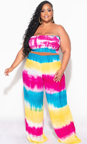 Final Sale Plus Size 2pc Strapless Frill Crop Top and Palazzo Pants Set Multi-Color Tie Dye Print