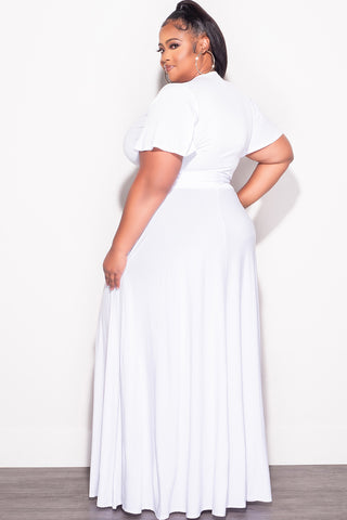 Final Sale Plus Size 2pc Short Sleeve Crop Tie Top and Skirt Set in White