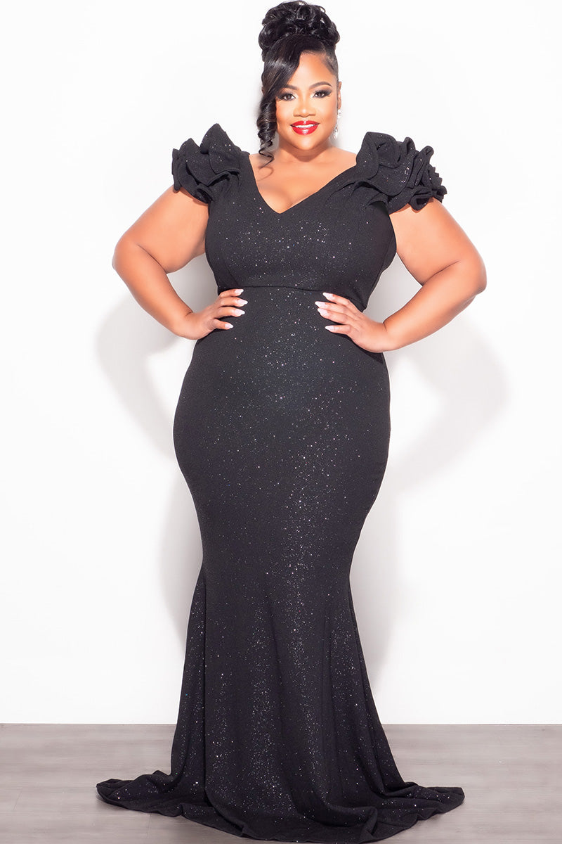Final Sale Plus Size Gown with Layered Sleeves in Glitter Black Fabric Chic And Curvy Final Sale Plus Size Gown with Layered Sleeves in Glitter Black Fabric Chic And Curvy