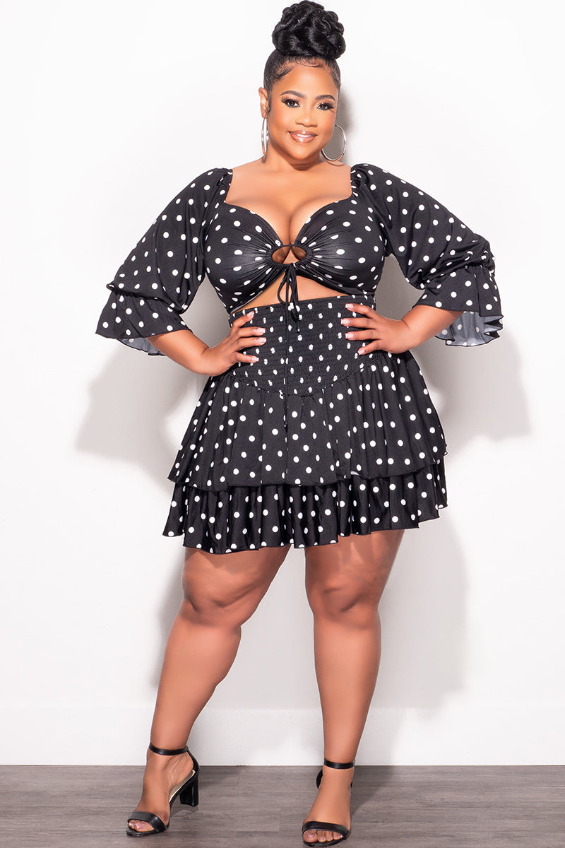 Final Sale Plus Size 2pc Set Off the Shoulder Crop Tie Top and Ruffle Layered Hem Mini Skirt in Black & White Polka Dot