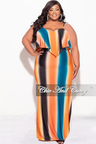 Final Sale Plus Size Maxi Dress with Spaghetti Straps & Overlay Ruffle in Orange, Black & Teal Vertical Stripes