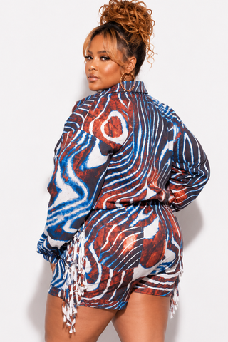 Final Sale Plus Size 2pc Set Jacket & Matching Shorts in Red & Blue Multi-Color Print