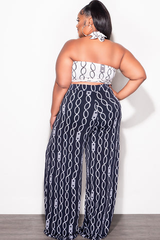 Final Sale Plus Size 2pc Set Black & White Self Tie Top & Pants in Navy & White Chain Print