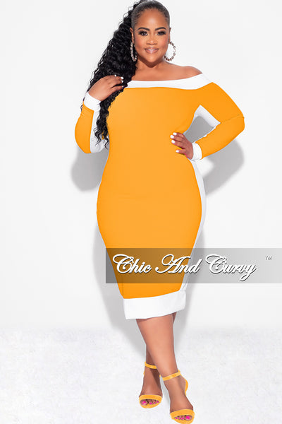 white and gold plus size dress Final Sale Plus Size Off the Shoulder BodyCon Dress in Mustard with White Trim