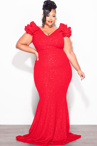 Final Sale Plus Size Gown with Layered Sleeves in Glitter Red Fabric