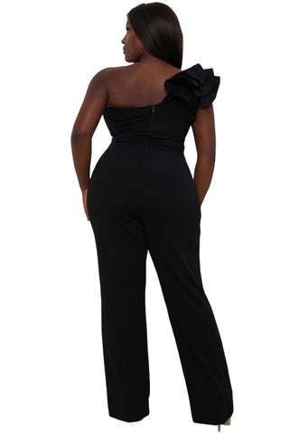 Final Sale Plus Size One Shoulder Ruffle Trim Jumpsuit in Black
