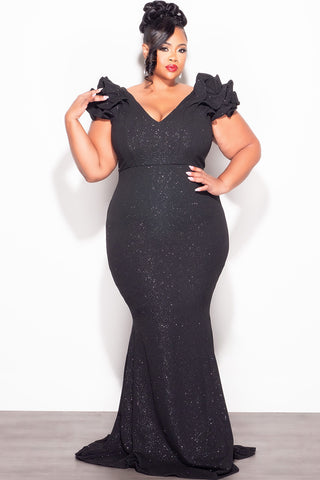 Final Sale Plus Size Gown with Layered Sleeves in Glitter Black Fabric