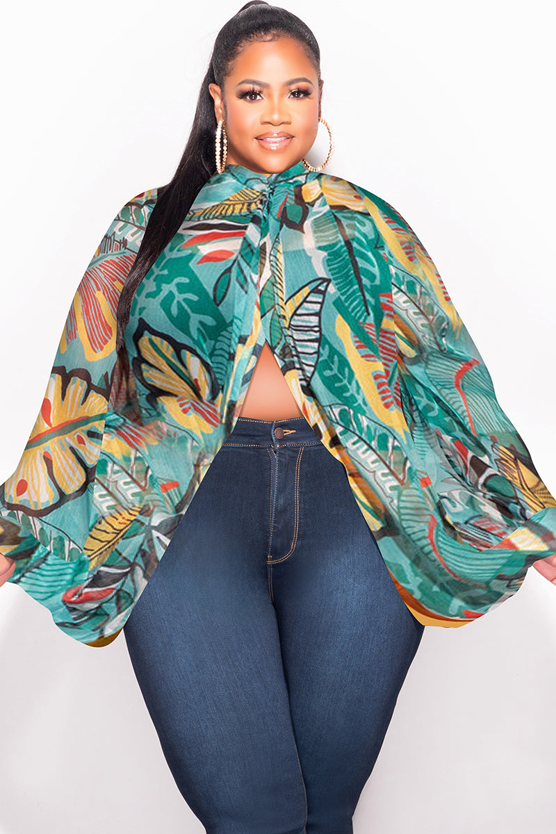 Final Sale Plus Size Sheer Balloon Sleeve Crop Top in Teal Multi Color Leaf Print