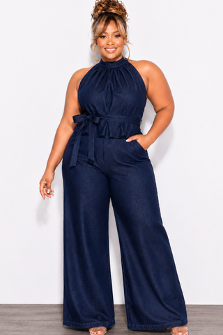 Final Sale Plus Size 2pc Sleeveless Top And Pant Set in Dark Denim