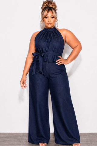 Final Sale Plus Size 2pc Sleeveless Top And Pant Set in Dark Denim