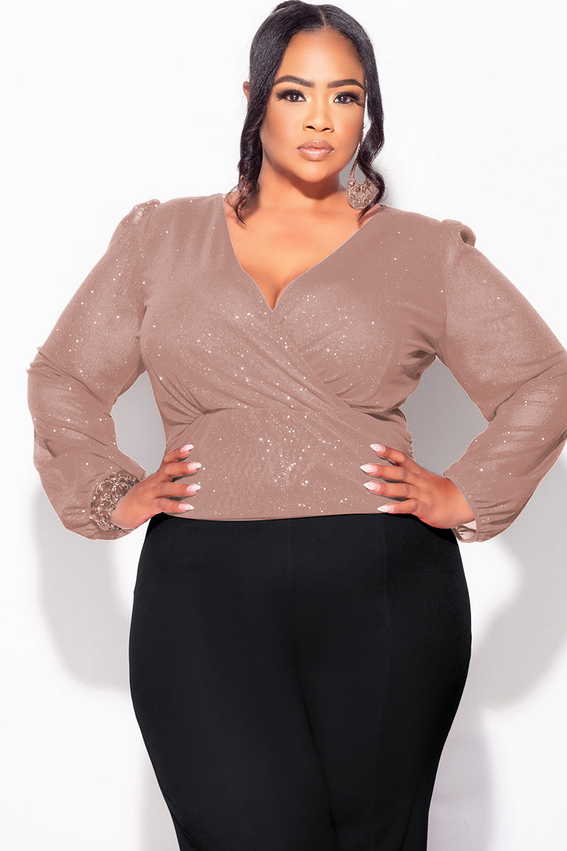 Final Sale Plus Size Sheer Glitter Faux Wrap Top in Tan