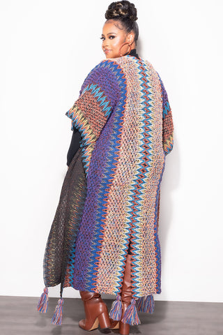 Final Sale Plus Size Knitted Cardigan with Bottom Tassels in Blue, Brown and Black
