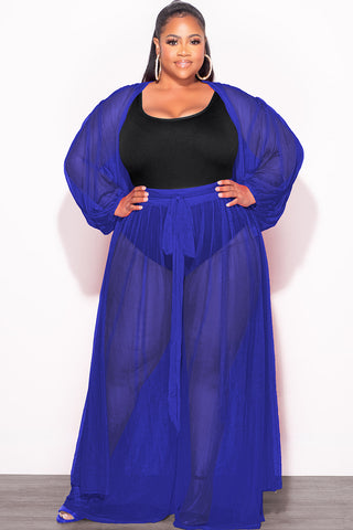Final Sale Plus Size 2pc Sheer Duster and Pants Set in Royal Blue
