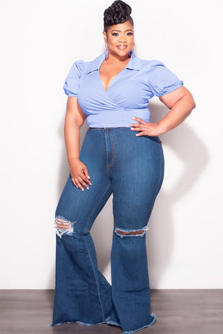 Final Sale Plus Size Faux Wrap Crop Tie Top in Blue and White Gingham Checker Print