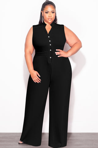 Final Sale Plus Size Collar Button Up Sleeveless Jumpsuit in Black