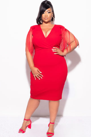 Final Sale Plus Size Faux Wrap Fringe Shoulder BodyCon Dress in Red