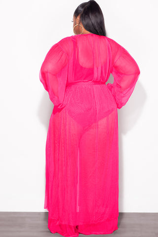 Final Sale Plus Size 2pc Sheer Duster and Pants Set in Fuchsia