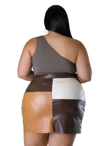Final Sale Plus Size Colorblock Faux Leather Skirt in Brown, Camel and Tan (Skirt Only)