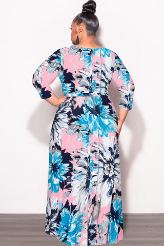 Final Sale Plus Size Faux Wrap Dress in Blue Floral Print