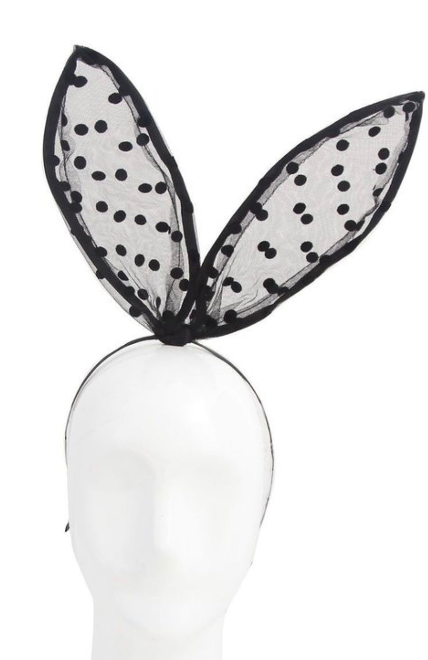 Final Sale Black Polka Dot Bunny Rabbit Lace Ear Headband