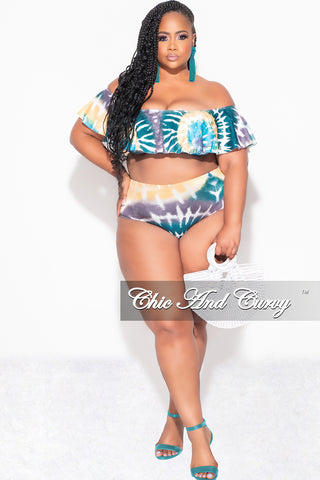 Final Sale Plus Size Tie Dye Ruffle Bikini Set in Teal / Mustard Tie Dye Print