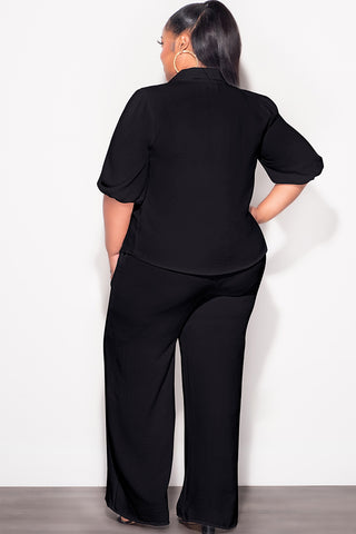 Final Sale Plus Size 2pc Button Up Collar Top and Pants Set in Black Linen