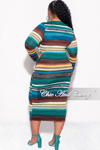 Final Sale Plus Size BodyCon Dress in Green Brown and Mustard Stripe Print