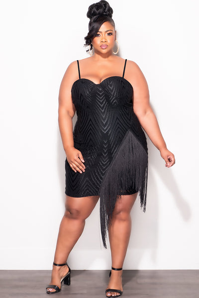 Final Sale Plus Size Spaghetti Strap Bodycon Dress with Side Fringe in Black