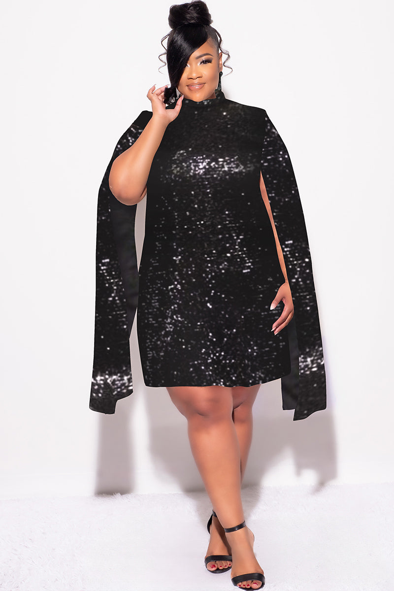 Final Sale Plus Size Sequin Cape Sleeve Dress in Black