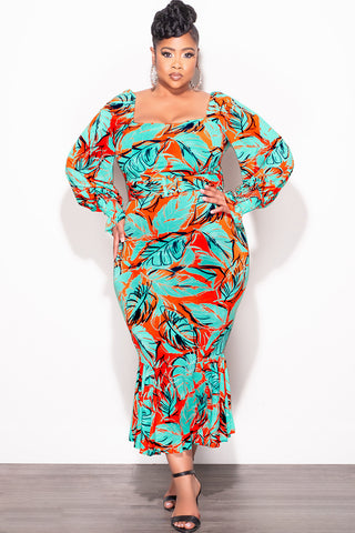 Final Sale Plus Size Midi BodyCon Dress with Ruffle Bottom in Mint & Orange Floral Print