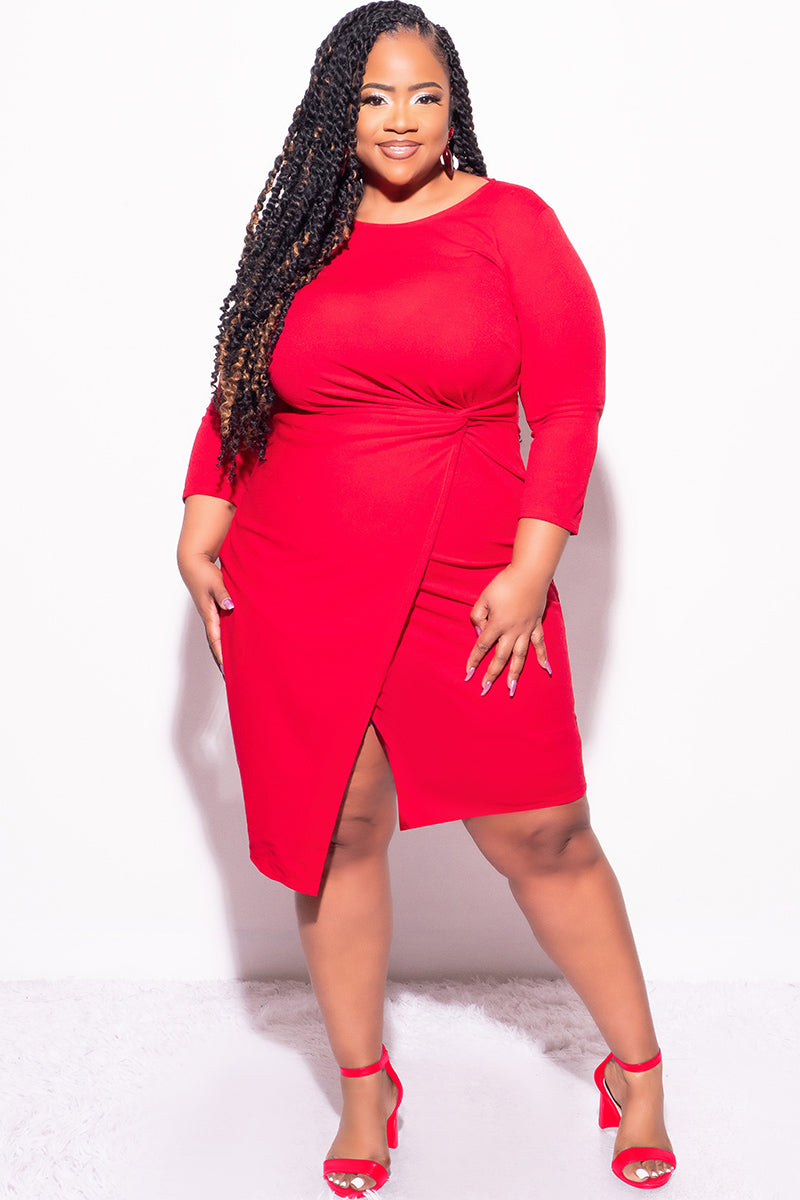 Final Sale Plus Size Long Sleeve Side Knot Wrap Midi Dress in Red - 2x 18/20 Final Sale Plus Size Long Sleeve Side Knot Wrap Midi Dress in Red - 2x 18/20