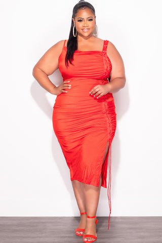 Final Sale Plus Size Shiny Spaghetti Straps Lace Up Detail Dress in Red