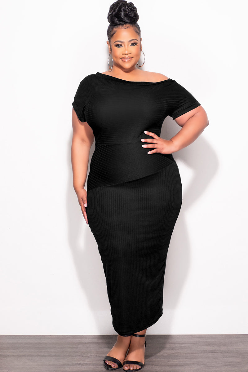 Final Sale Plus Size Off The Shoulder Ribbed Midi Dress in Black - 1x 14/16 Final Sale Plus Size Off The Shoulder Ribbed Midi Dress in Black - 1x 14/16
