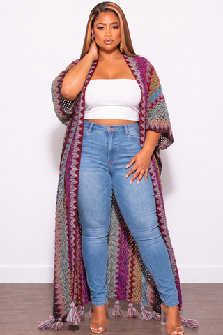 Final Sale Plus Size Knitted Cardigan with Bottom Tassels in Purple Multi-Color and Black