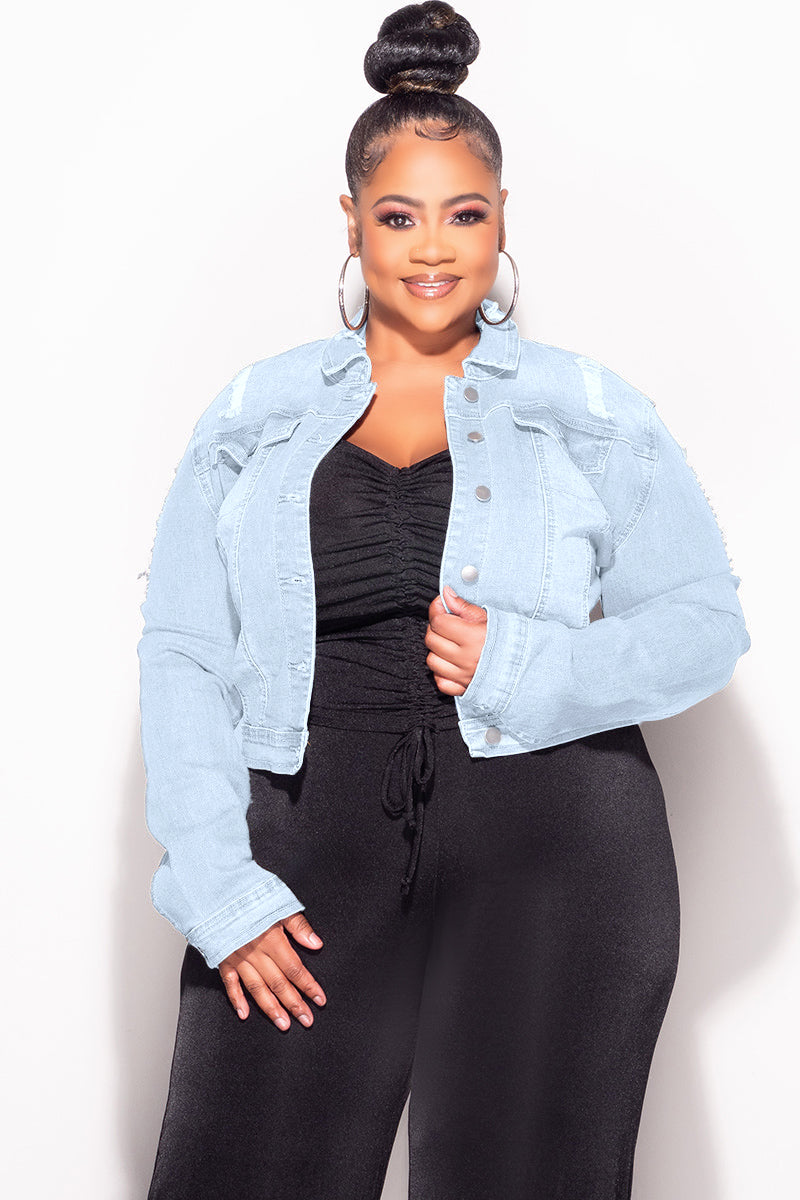 Final Sale Plus Size Distressed Jacket in Light Blue