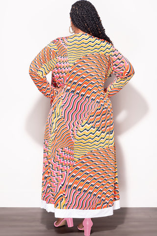Final Sale Plus Size 2pc Duster & Spaghetti Strap Jumpsuit Set in Orange Multi Color Print