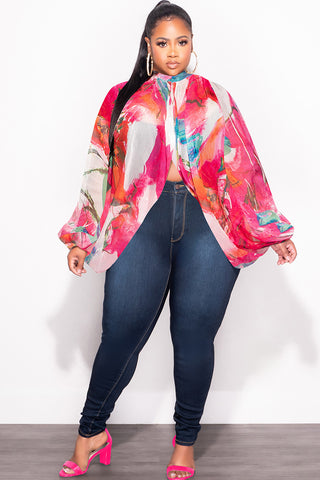 Final Sale Plus Size Sheer Balloon Sleeve Crop Top in Fuchsia Multi Color