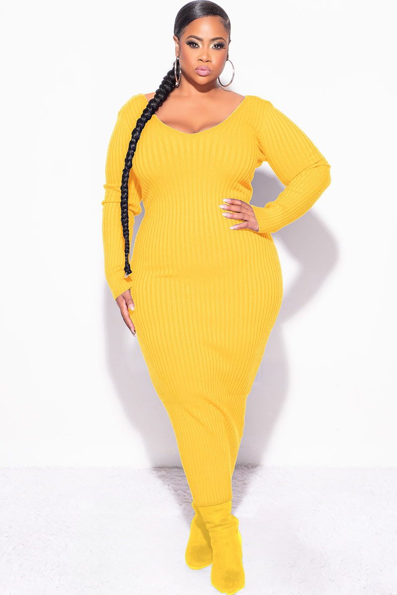 Final Sale Plus Size BodyCon Ribbed Knit Dress in Gold Yellow (Mustard)