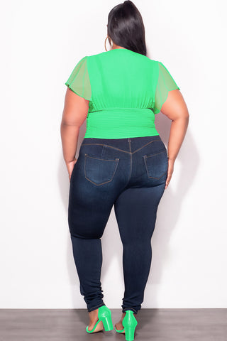Final Sale Plus Size Chiffon Ruched Corset Blouse with Flutter Sleeves in Green