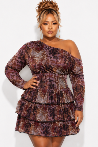 Final Sale Plus Size Off Shoulder Mesh Mini Dress in Purple Multi-Color Print