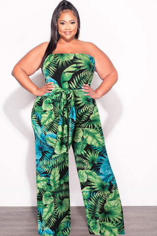 Final Sale Plus Size Strapless Jumpsuit with Waist Tie in Green & Turquoise Palm Print