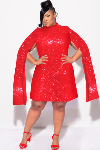 Final Sale Plus Size Sequin Cape Sleeve Dress in Red