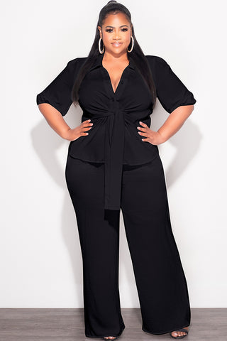 Final Sale Plus Size 2pc Button Up Collar Top and Pants Set in Black Linen