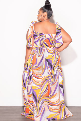 Final Sale Plus Size Chiffon Maxi Dress with Self Tie Shoulder Straps in Purple Multi Color Print
