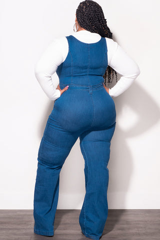 Final Sale Plus Size Sleeveless Zip-Up Jumpsuit with Attached Tie in Dark Denim